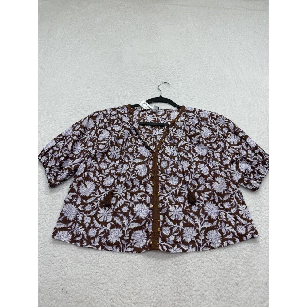 Old Navy Top Short Sleeve Brown Floral Bead Cotton Minimalist Office Small NWT